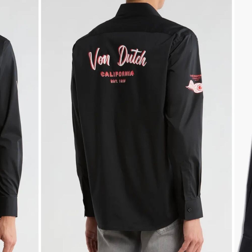 NWT Von Dutch Logo Graphic Long Sleeve Shirt Black Button Up Size Medium